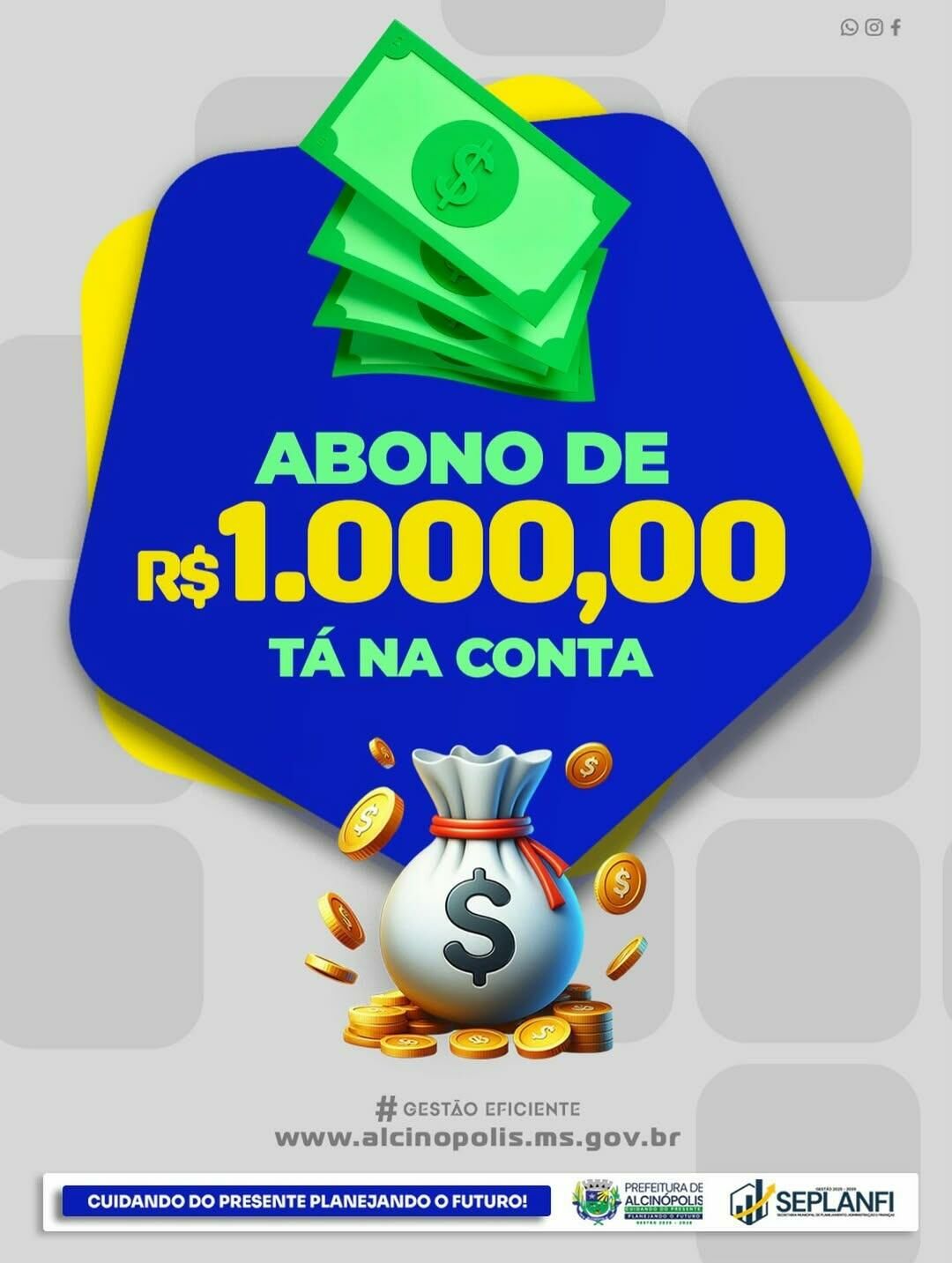 Imagem de compartilhamento para o artigo Alcinópolis paga abono de R$ 1.000 a servidores e prefeito Welinton Guimarães destaca reconhecimento pelo trabalho da MS Todo dia